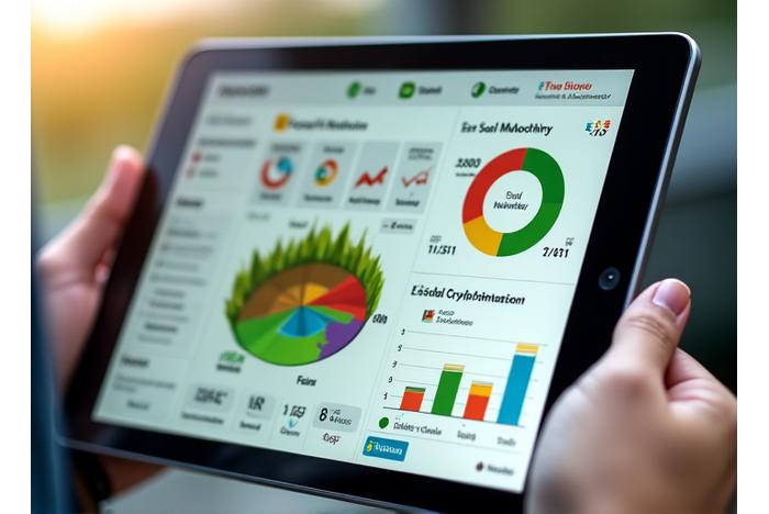 Scherm van een tablet met een geavanceerd dashboard voor precisielandbouw, toont grafieken en kaarten van een graanveld.